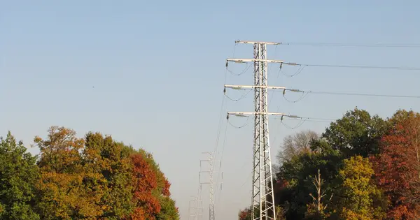Hoogspanningsmast met stroomkabels tussen herfstbomen