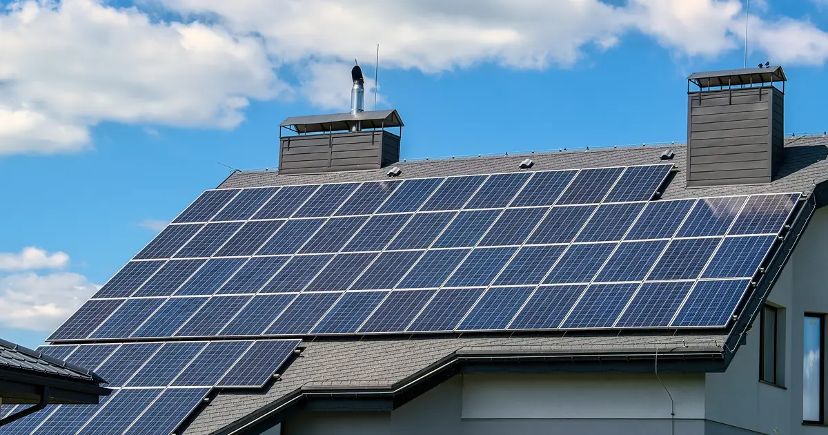 Schuin dak van een woning vol zonnepanelen zonder merkopdruk, onder een blauwe lucht