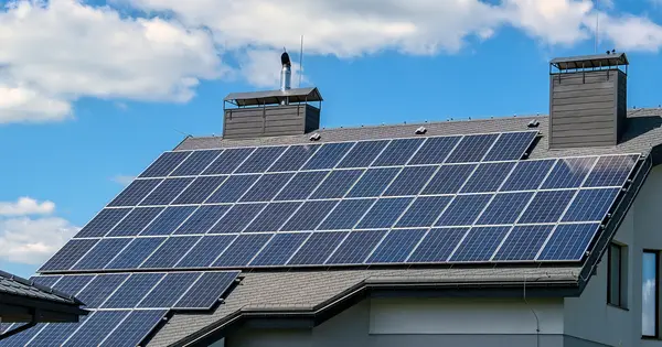 Schuin dak van een woning vol zonnepanelen zonder merkopdruk, onder een blauwe lucht
